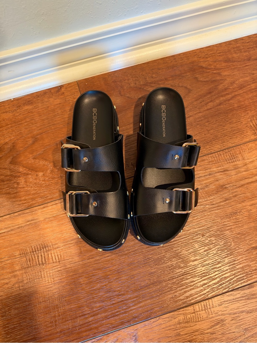 BCBGeneration Black Double-Buckle Slide Sandals
